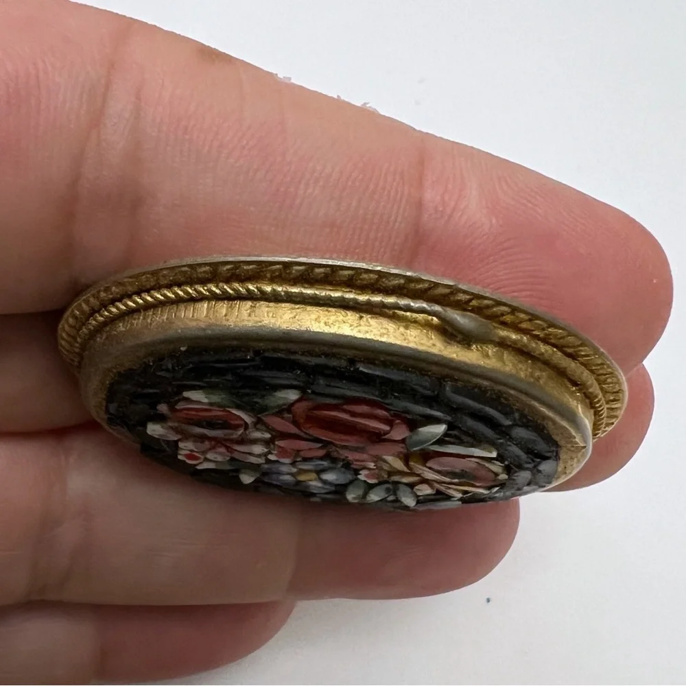 Vintage Micro Mosaic Black Multicolor Floral Goldtone Oval Brooch Italy